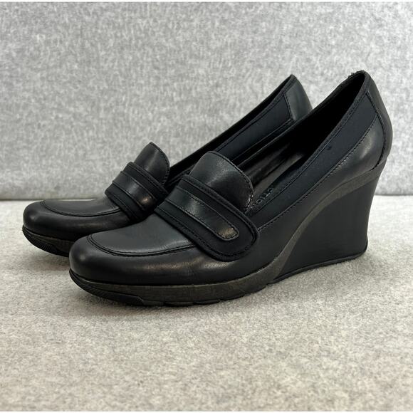 Kenneth Cole Bird Cede Leather Wedge Heel Loafer-Preppy-Y2K - Black- Women 9 - Picture 1 of 12